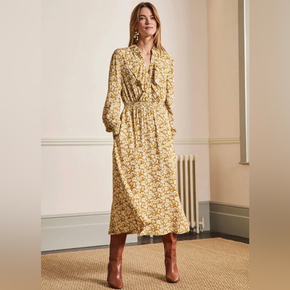 Boden Gold Yellow Floral Ruffle Midi Dress Sz 14 $145
